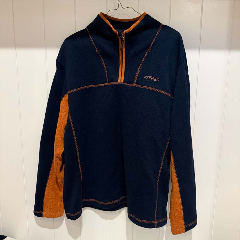 Orvis Men's Navy and Burnt Orange Quarter-Zip Fleece Pullover